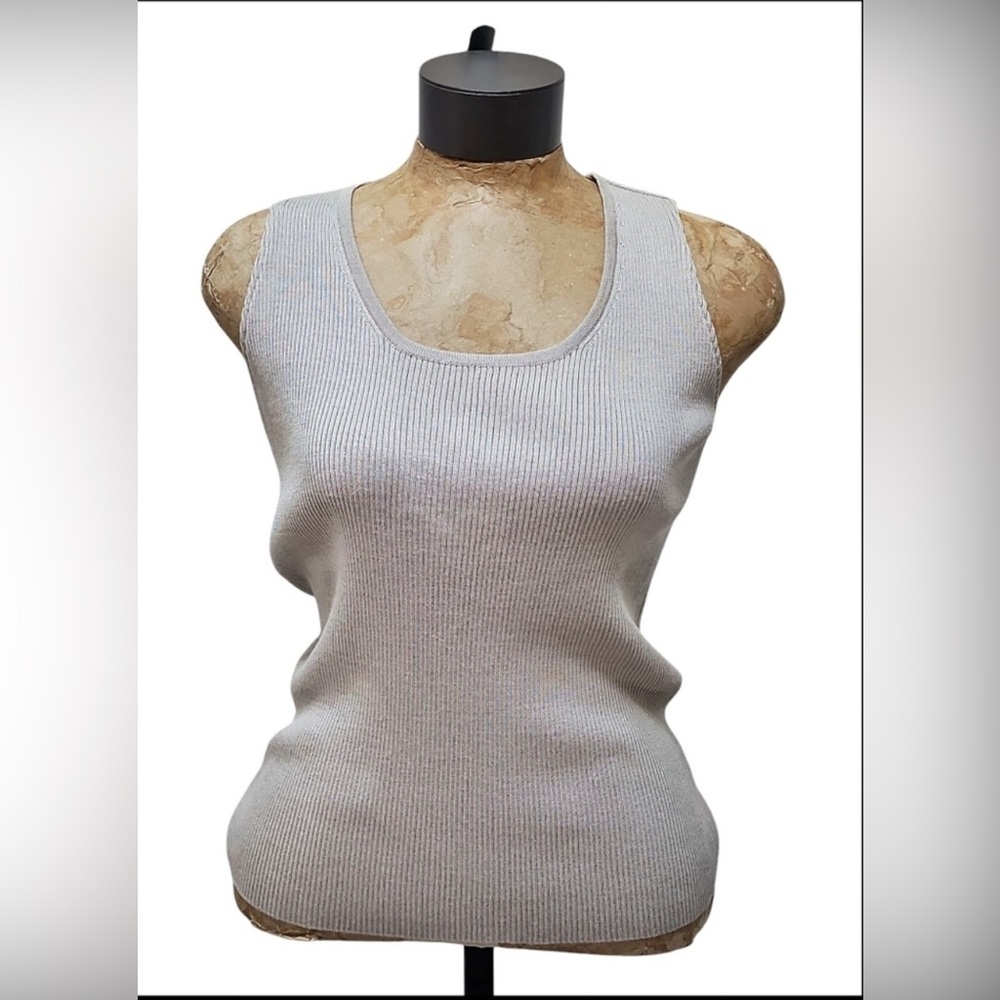 ST. JOHN Ribbed Wool Blend Santana Knit Sleeveless Shell Tank Top Taupe Medium